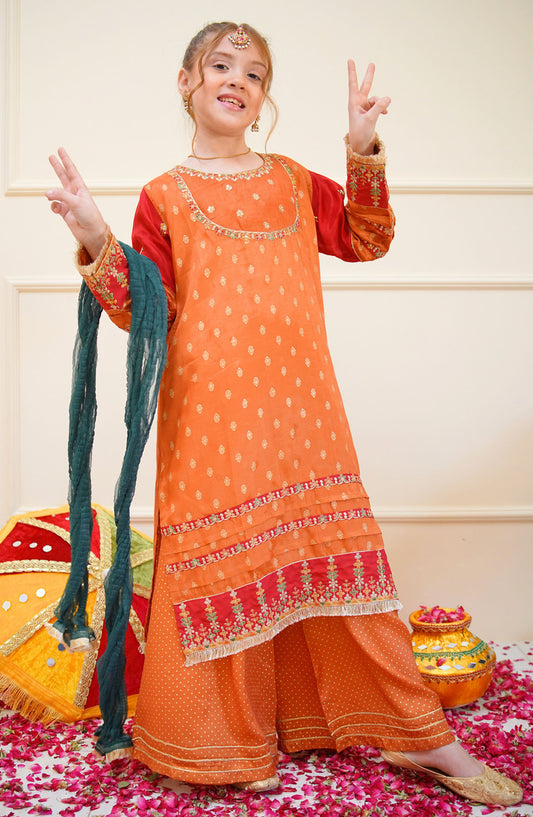 Shanzey Embroidered Raw Silk Stitched 3 Piece Suit - SHK-4506 - SHZ25SHES - Orange - Festive Collection