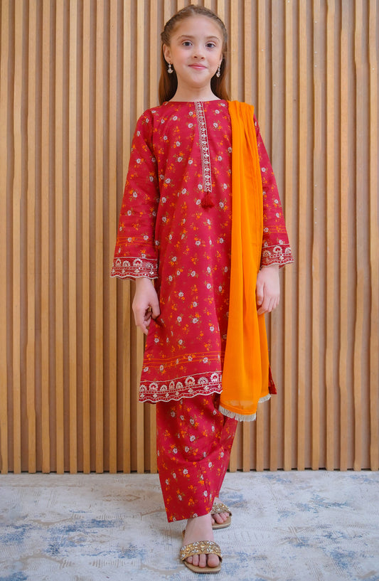 Shanzey Embroidered Lawn Stitched 3 Piece Suit - SHK-4426 Red - SHZ25LFE - Red - Girls Collection