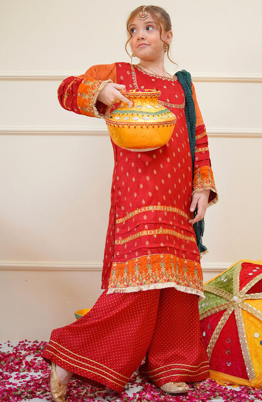 Shanzey Embroidered Raw Silk Stitched 3 Piece Suit - SHK-4505 - SHZ25SHES - Red - Festive Collection