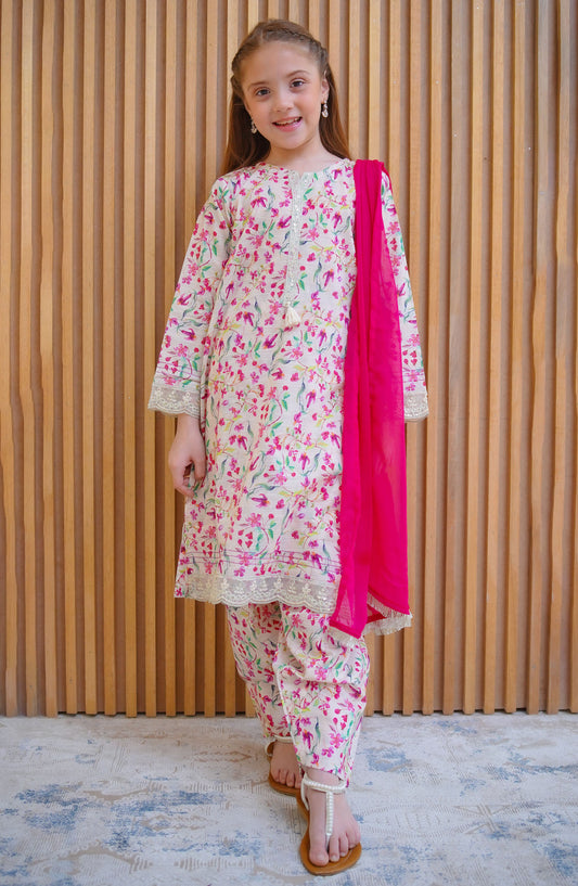 Shanzey Embroidered Lawn Stitched 3 Piece Suit - SHK-4425 Off White - SHZ25LFE - Off White - Girls Collection