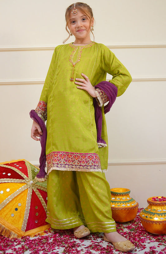 Shanzey Embroidered Raw Silk Stitched 3 Piece Suit - SHK-4504 - SHZ25SHES - Green - Festive Collection