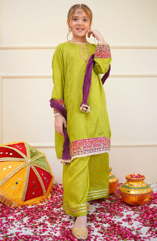 Shanzey Embroidered Raw Silk Stitched 3 Piece Suit - SHK-4504 - SHZ25SHES - Green - Festive Collection