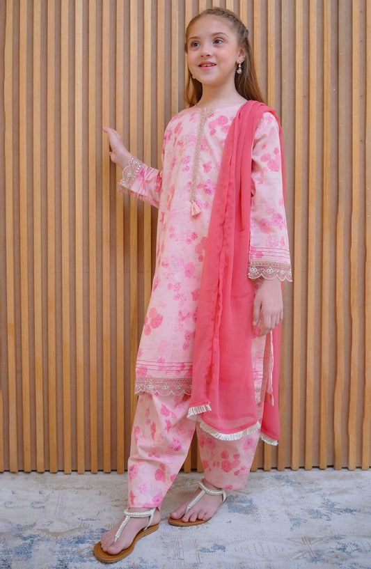 Shanzey Embroidered Lawn Stitched 3 Piece Suit - SHK-4423 Pink - SHZ25LFE - Pink - Girls Collection
