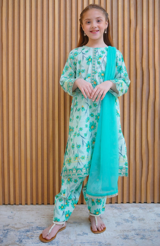 Shanzey Embroidered Lawn Stitched 3 Piece Suit - SHK-4422 Mint - SHZ25LFE - Blue - Girls Collection