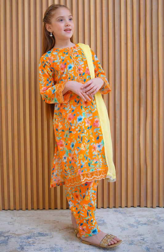 Shanzey Embroidered Lawn Stitched 3 Piece Suit - SHK-4421 Orange - SHZ25LFE - Orange - Girls Collection