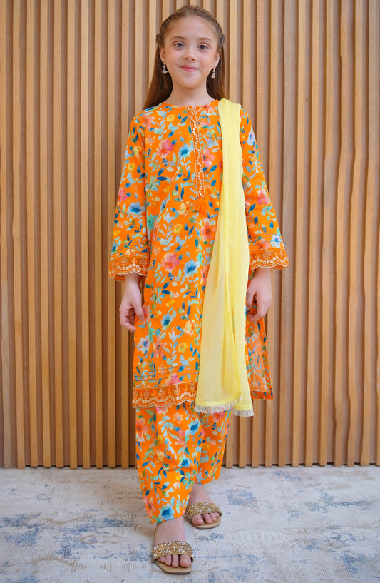 Shanzey Embroidered Lawn Stitched 3 Piece Suit - SHK-4421 Orange - SHZ25LFE - Orange - Girls Collection