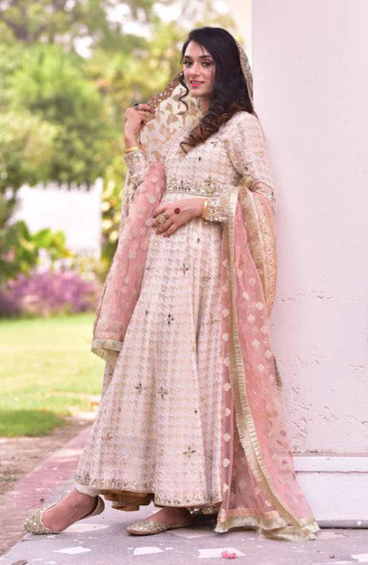 Hues Atelier Embroidered Organza 3 Piece - Sheesha Formal Pishwaas - HA25LF - Peach - Festive Collection
