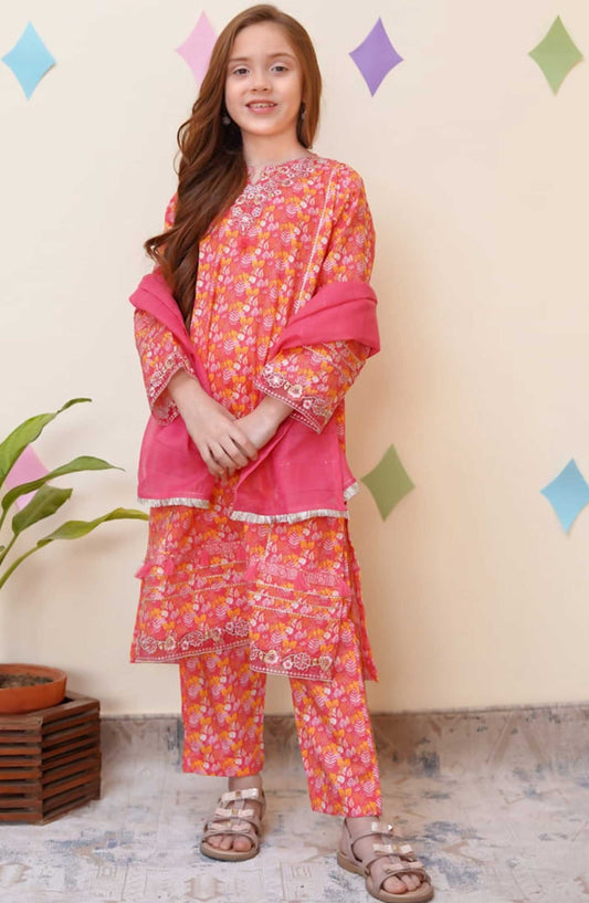 Shanzey Embroidered Co-Ords Cotton Stitched 3 Piece - SHK-3404-SHOCKING PINK - Hot Pink - Summer Collection