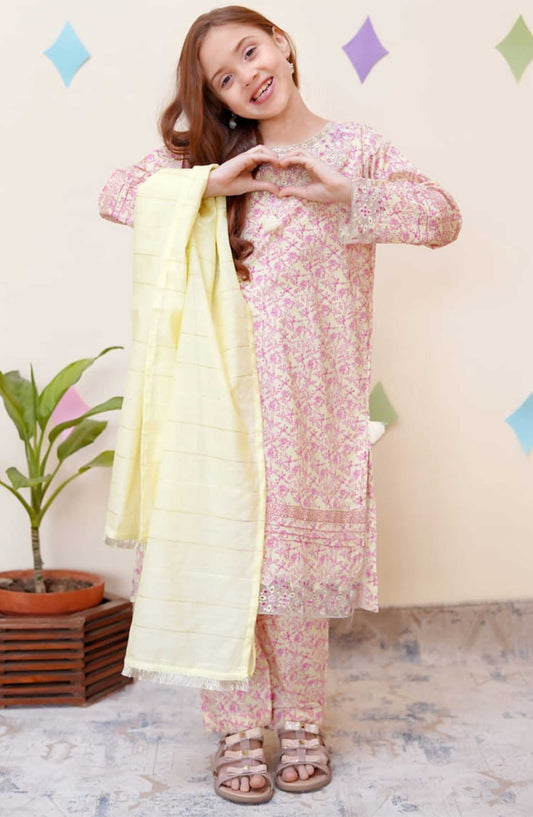Shanzey Embroidered Co-Ords Cotton Stitched 3 Piece - SHK-3405-LEMON - Light Lime - Summer Collection