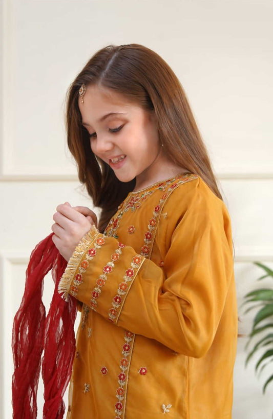 Shanzey Embroidered Organza Stitched 3 Piece - SHK-3501-Mustard - SH25EB - Mustard - Festive Girls Collection