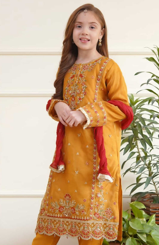 Shanzey Embroidered Organza Stitched 3 Piece - SHK-3501-Mustard - SH25EB - Mustard - Festive Girls Collection
