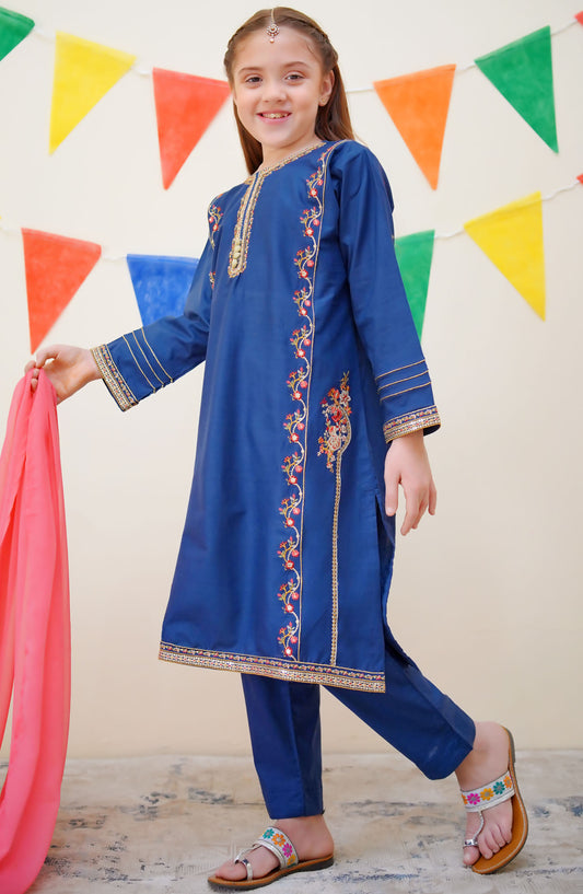 Shanzey Embroidered Cotton Stitched 3 Piece Suit - SHK-3611 - SH25JEF - Blue - Girls Festive Collection