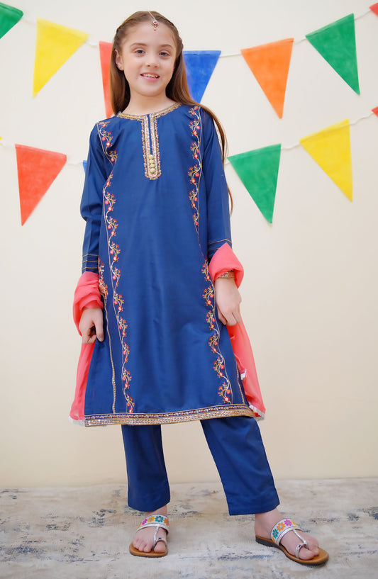 Shanzey Embroidered Cotton Stitched 3 Piece Suit - SHK-3611 - SH25JEF - Blue - Girls Festive Collection