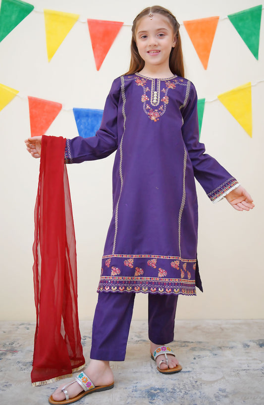 Shanzey Embroidered Cotton Stitched 3 Piece Suit - SHK-3613 - SH25JEF - Purple - Girls Festive Collection