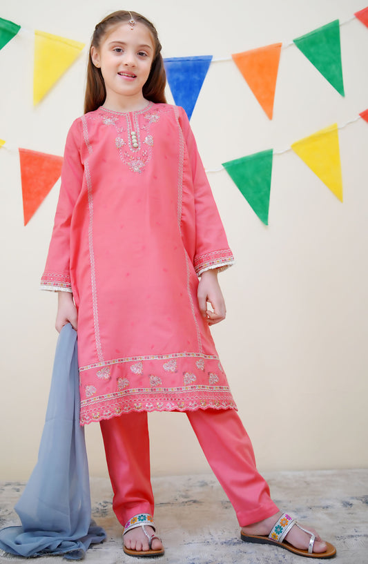 Shanzey Embroidered Cotton Stitched 3 Piece Suit - SHK-3614 - SH25JEF - Pink - Girls Festive Collection
