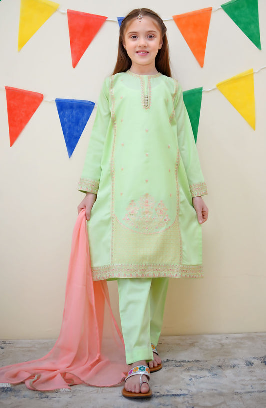 Shanzey Embroidered Cotton Stitched 3 Piece Suit - SHK-3615 - SH25JEF - Green - Girls Festive Collection