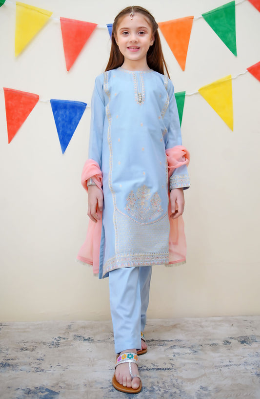 Shanzey Embroidered Cotton Stitched 3 Piece Suit - SHK-3616 - SH25JEF - Blue - Girls Festive Collection