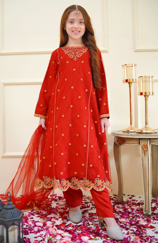 Shanzey Embroidered Net Stitched 3 Piece Suit - SHK-4011 - SHZ25MEF - Red - Girls Formal Collection