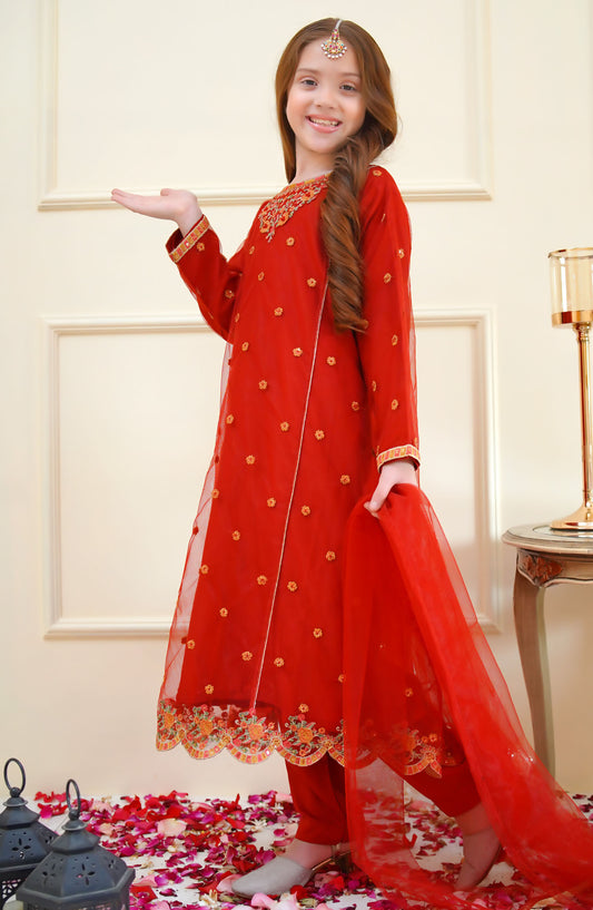 Shanzey Embroidered Net Stitched 3 Piece Suit - SHK-4011 - SHZ25MEF - Red - Girls Formal Collection