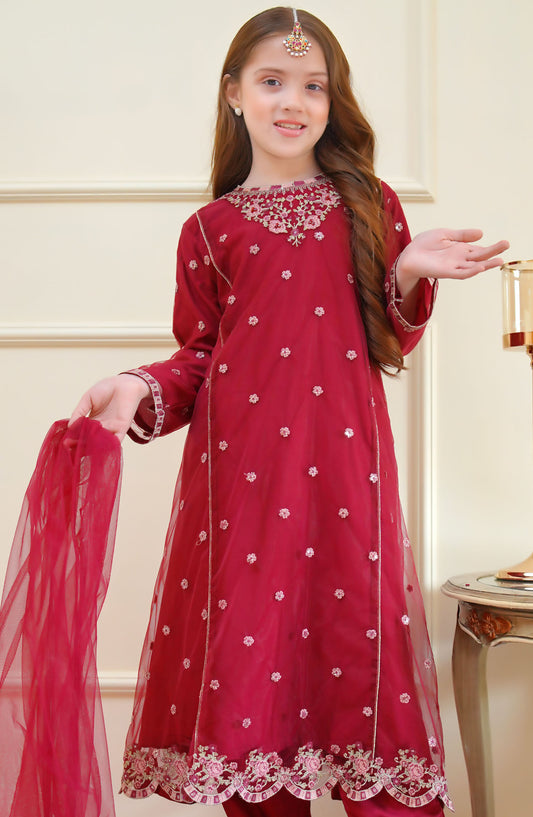 Shanzey Embroidered Net Stitched 3 Piece Suit - SHK-4012 - SHZ25MEF - Magenta - Girls Formal Collection