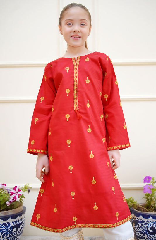 Shanzey Embroidered Jacquard Stitched Kurti - SHK-4211 - SH25ERJ - Red - Girls Festive Collection