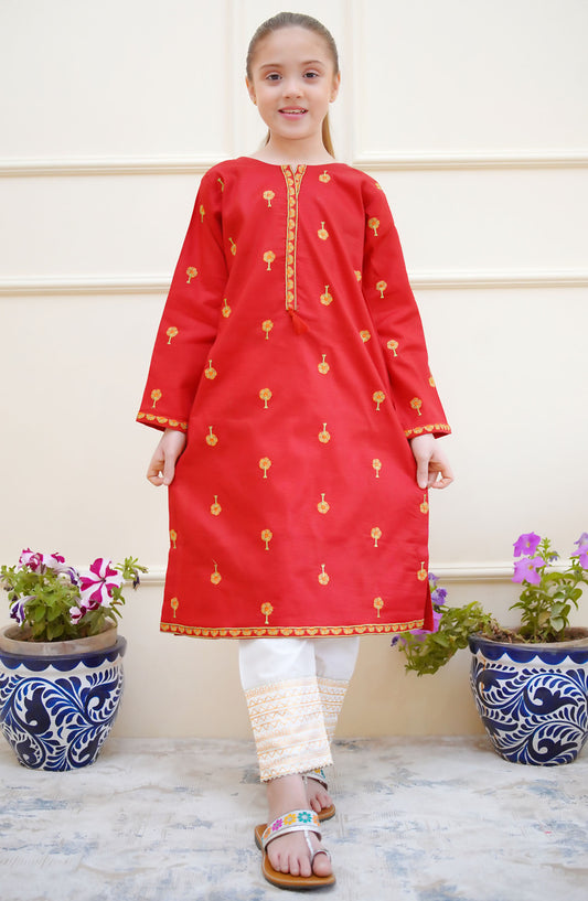 Shanzey Embroidered Jacquard Stitched Kurti - SHK-4211 - SH25ERJ - Red - Girls Festive Collection