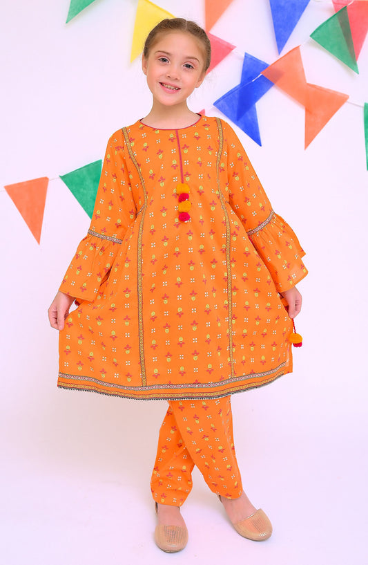 Shanzey Printed Lawn Stitched 2 Piece Co-Ords Suit - SHK-4311 - SHZ25LC - Orange - Girls Summer Collection