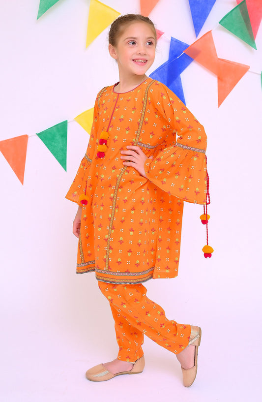 Shanzey Printed Lawn Stitched 2 Piece Co-Ords Suit - SHK-4311 - SHZ25LC - Orange - Girls Summer Collection