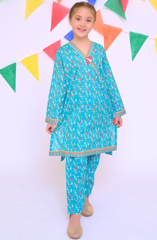 Shanzey Printed Lawn Stitched 2 Piece Co-Ords Suit - SHK-4313 - SHZ25LC - Blue - Girls Summer Collection