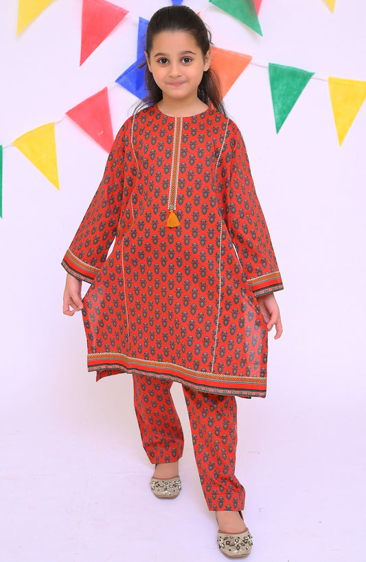 Shanzey Printed Lawn Stitched 2 Piece Co-Ords Suit - SHK-4314 - SHZ25LC - Maroon - Girls Summer Collection