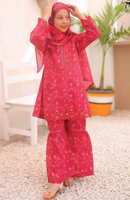 Shifa by Suntex Embroidered Airjet Cotton Stitched 3 Piece Suit - SHK 2502 K Red - SS25AC - Girls Collection