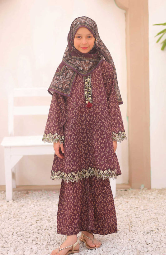 Shifa by Suntex Embroidered Airjet Cotton Stitched 3 Piece Suit - SHK 2505 K Plum - SS25AC - Girls Collection
