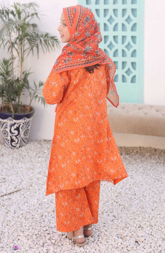 Shifa by Suntex Embroidered Airjet Cotton Stitched 3 Piece Suit - SHK 2506 K Orange - SS25AC - Girls Collection