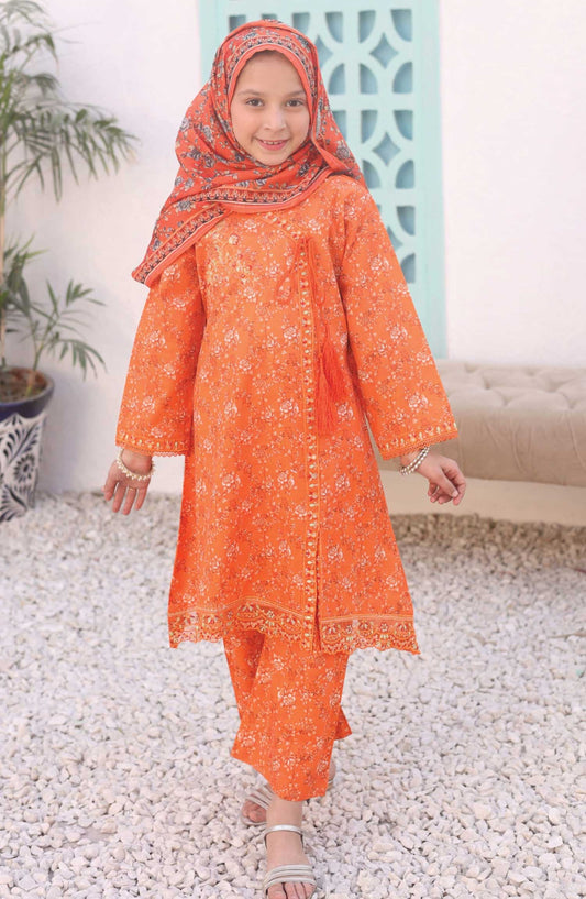 Shifa by Suntex Embroidered Airjet Cotton Stitched 3 Piece Suit - SHK 2506 K Orange - SS25AC - Girls Collection