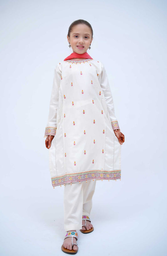 Kirnain by Shanzey Embroidered Cotton Stitched 3 Piece Suit - SHK 3601 OFF WHITE - SH25KC - Off White - Girls Collection