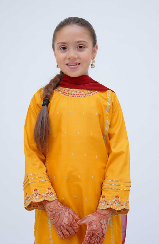 Kirnain by Shanzey Embroidered Cotton Stitched 3 Piece Suit - SHK 3602 MUSTARD - SH25KC - Mustard - Girls Collection