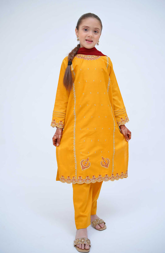 Kirnain by Shanzey Embroidered Cotton Stitched 3 Piece Suit - SHK 3602 MUSTARD - SH25KC - Mustard - Girls Collection