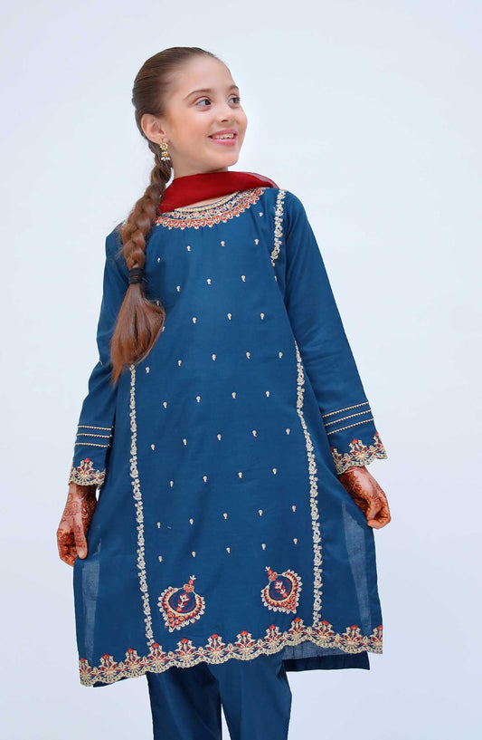 Kirnain by Shanzey Embroidered Cotton Stitched 3 Piece Suit - SHK 3603 NAVY BLUE - SH25KC - Navy Blue - Girls Collection