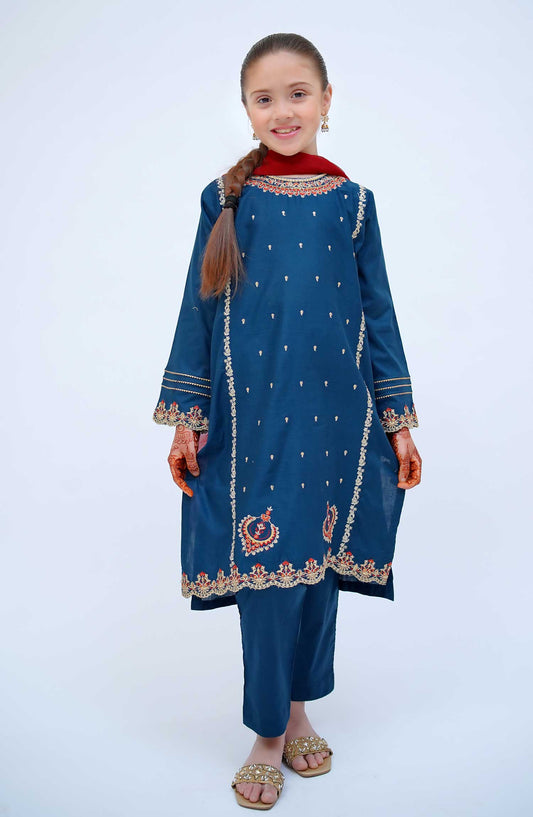 Kirnain by Shanzey Embroidered Cotton Stitched 3 Piece Suit - SHK 3603 NAVY BLUE - SH25KC - Navy Blue - Girls Collection