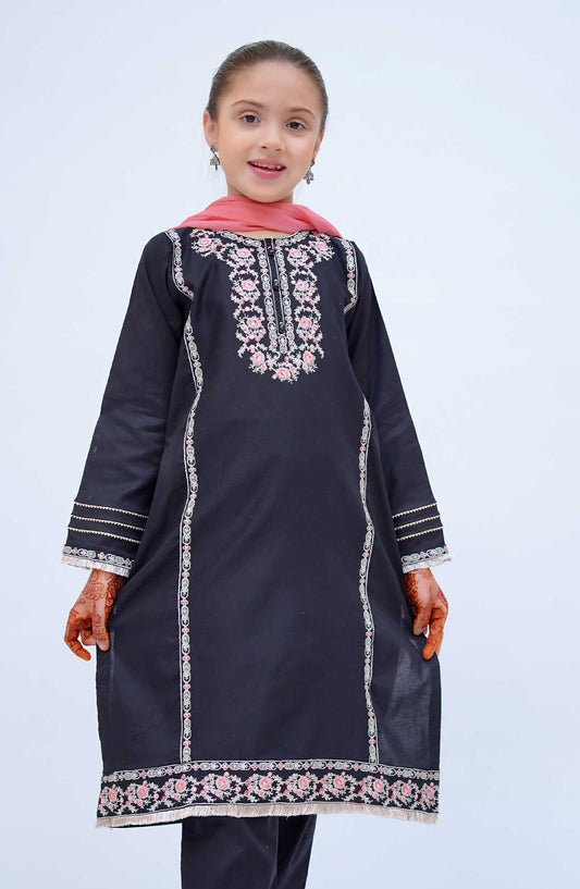 Kirnain by Shanzey Embroidered Cotton Stitched 3 Piece Suit - SHK 3604 BLACK - SH25KC - Black - Girls Collection