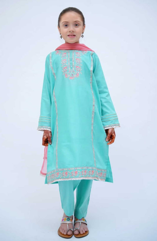 Kirnain by Shanzey Embroidered Cotton Stitched 3 Piece Suit - SHK 3605 SKY BLUE - SH25KC - Sky Blue - Girls Collection