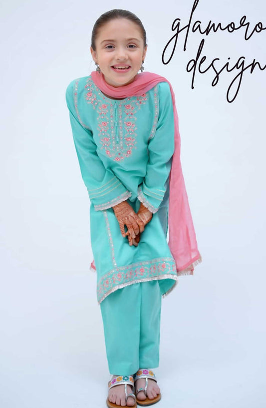 Kirnain by Shanzey Embroidered Cotton Stitched 3 Piece Suit - SHK 3605 SKY BLUE - SH25KC - Sky Blue - Girls Collection