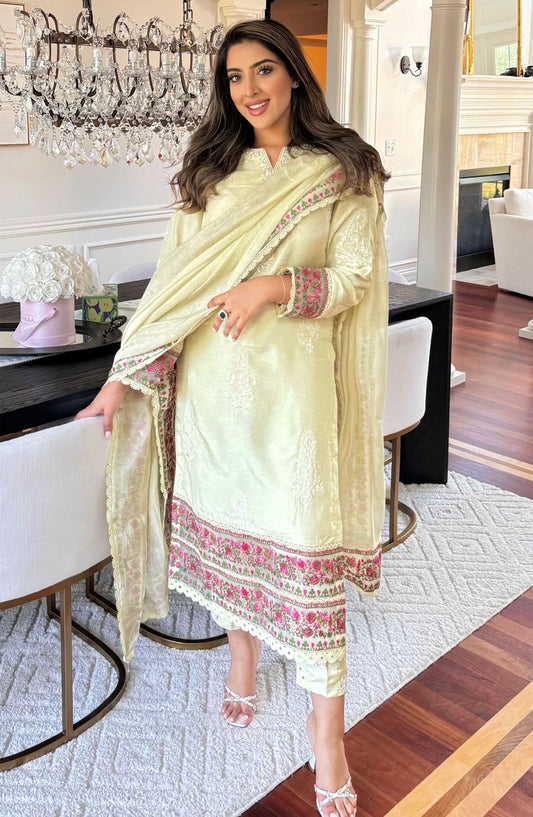 Luna Edit By Hues Atelier Embroidered Korean Raw Silk Stitched 3 Piece - Sira Off White - HA25L - Festive Collection
