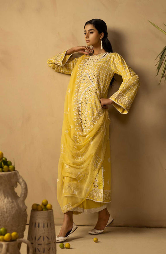 Khoobsurat Chikankari Lawn Unstitched 3 Piece - SK-39 - K25CL - Yellow - Summer Collection
