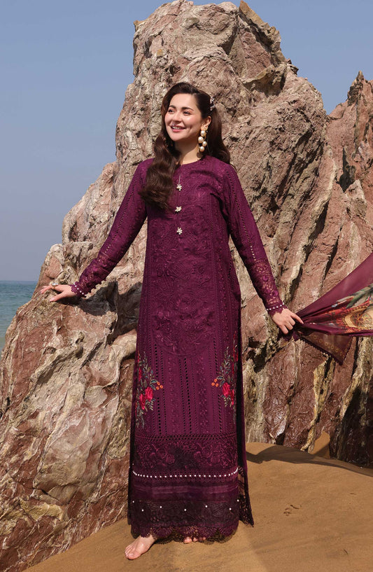 Hania by Serene Embroidered Lawn Unstitched 3 Piece - SL-77 IZAAN - - Plum - Summer Collection