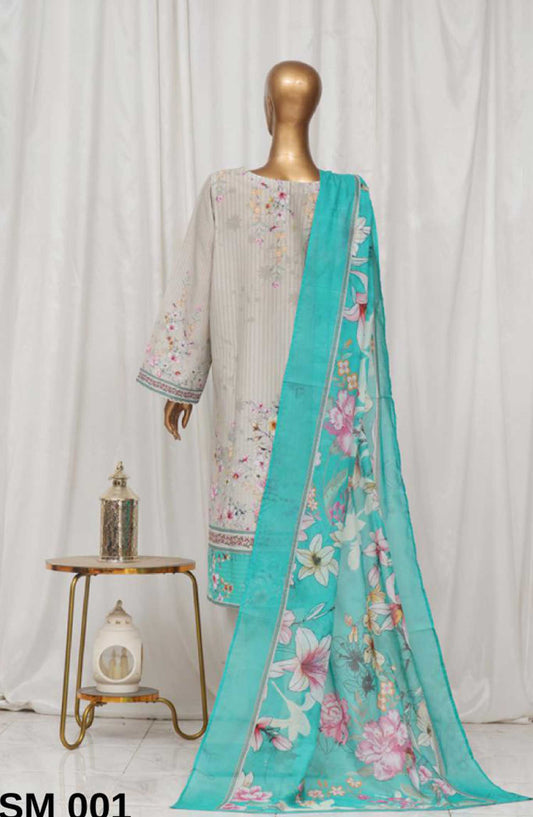 Bin Saeed Printed Lawn Stitched 3 Piece - SM-001 - BS25EL - Light Grey - Summer Collection