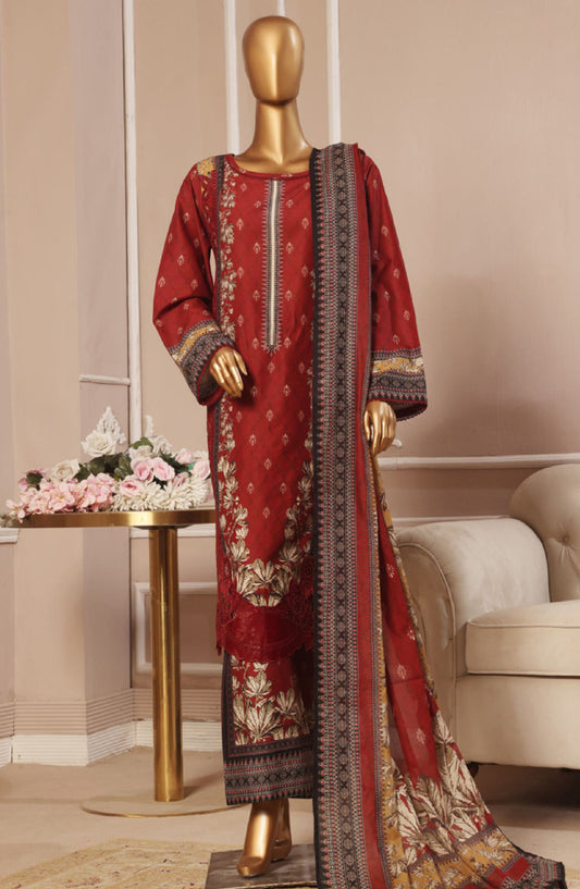 Bin Saeed Embroidered Lawn Stitched 3 Piece Suit - SM-046 - BS25ELCV4 - Red - Summer Collection