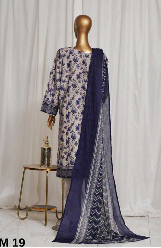 Bin Saeed Printed Lawn Stitched 3 Piece - SM-19 - BS25EL - Grey - Summer Collection