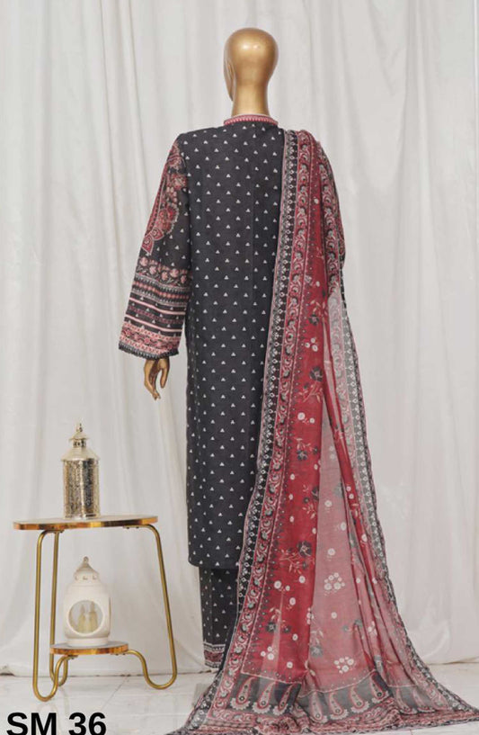 Bin Saeed Printed Lawn Stitched 3 Piece - SM-36 - BS25EL - Dark Grey - Summer Collection