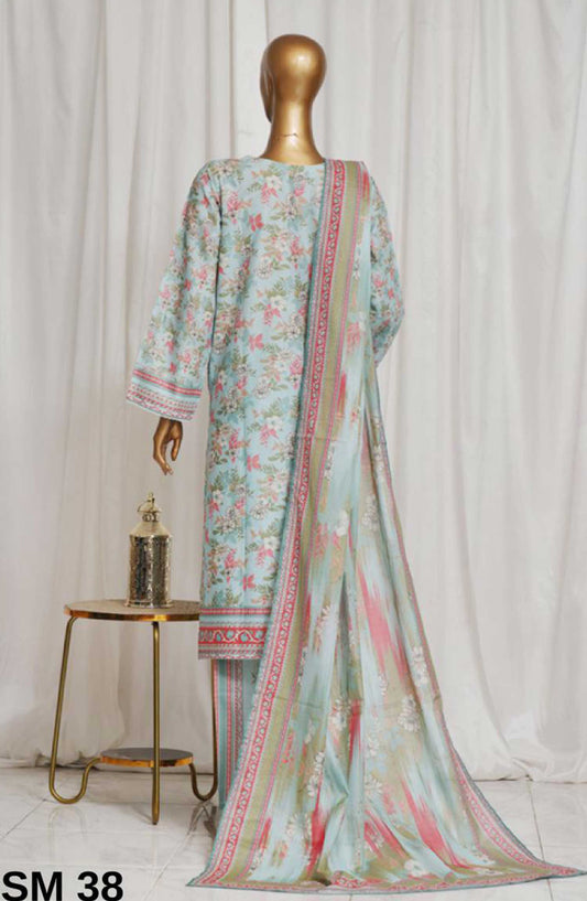 Bin Saeed Printed Lawn Stitched 3 Piece - SM-38 - BS25EL - Sky Blue - Summer Collection